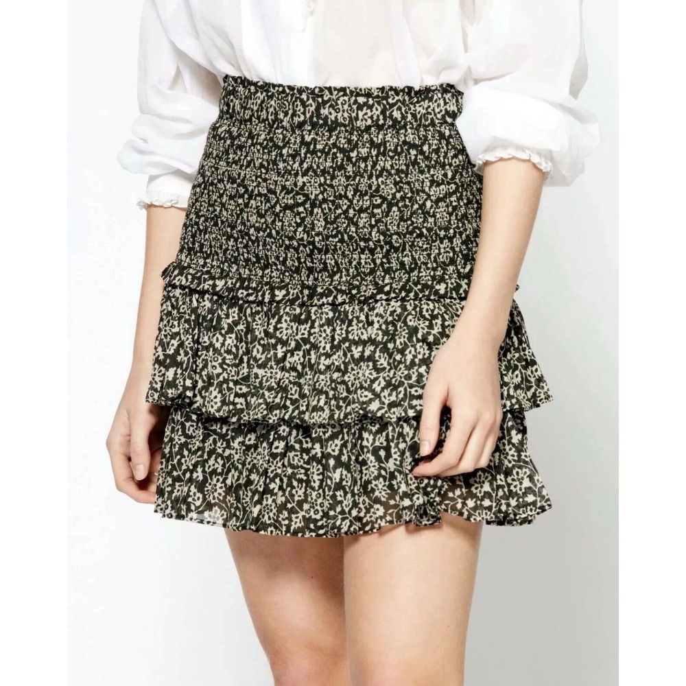 Isabel Marant Naomi Mini Skirt Black Ditsy Floral Smocked Ruffle Cotton - 38 / 6